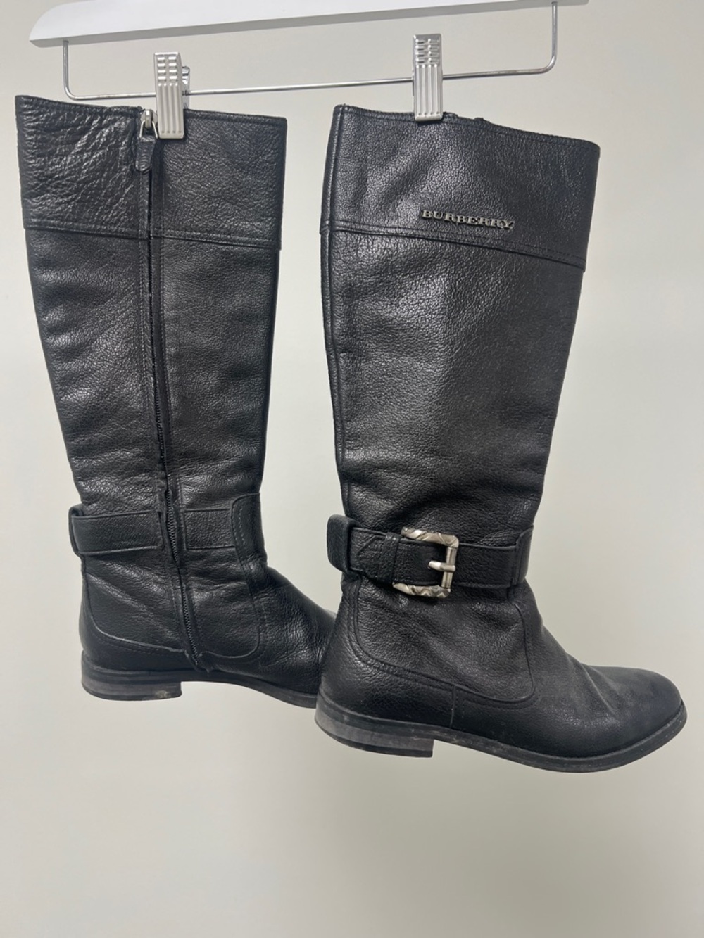Burberry Black Leather Tall Buckle Boots